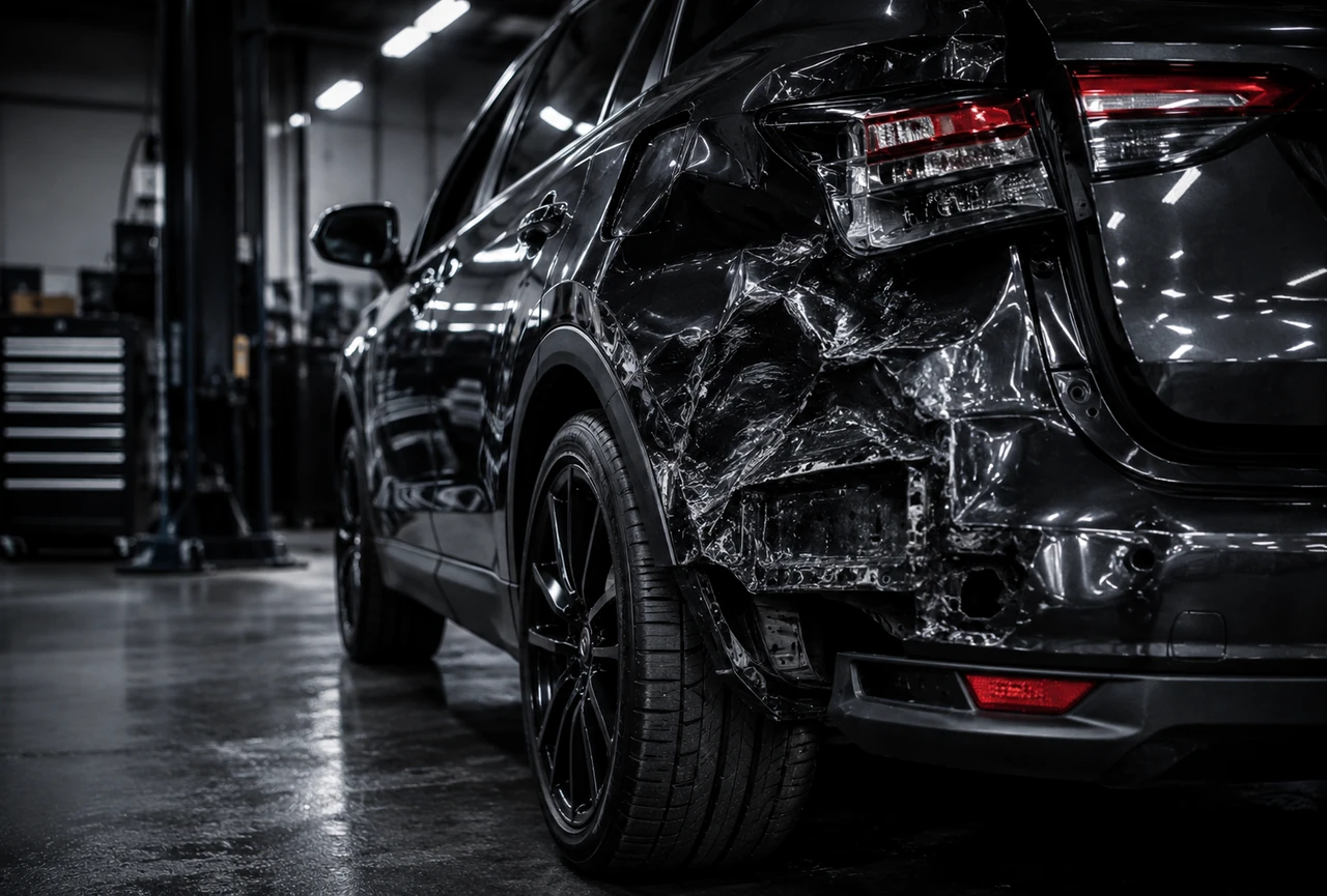 Unfallfahrzeug in einer professionellen Werkstatt